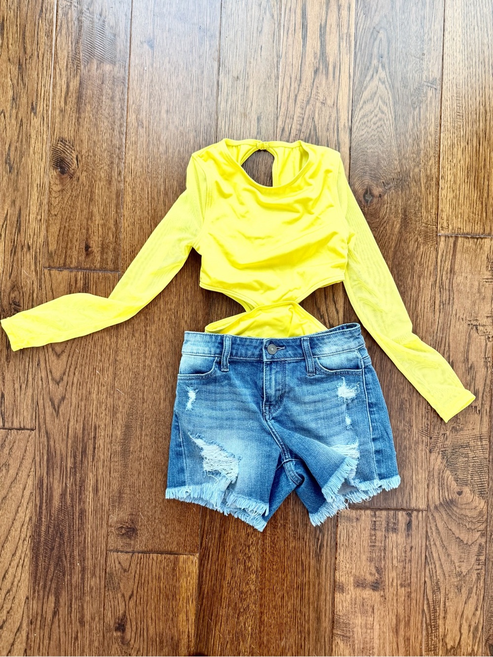 Weissman Lustre Side Cutout Leotard & denim shorts